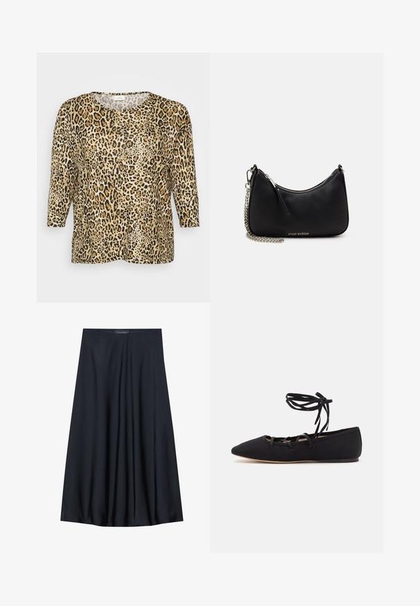 Majica s leopardjim printom in tričetrtinskimi rokavi, z okroglo ovratnico in ohlapnim krojem, postavljena proti enobarvnemu belemu ozadju.; Črna krila do kolen, izdelana iz lahkotnega blaga s sproščenim dizajnom. Ima gladko teksturo in subtilne gube za dodatne podrobnosti.; Loeffler Randall LOUISA LACE UP BALLET FLAT - Balerinke s paščkom - black; Črna sintetična torbica s ukrivljeno obliko, srebrnim verižnim trakom, zadrgo in vgraviranim logotipom blagovne znamke na sprednji strani. Gladka tekstura.