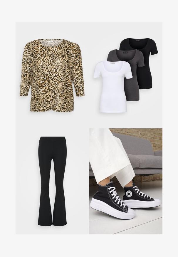 Džinsinio leopardų rašto viršus su trimis ketvirtadaliais rankovėmis, apvaliu kaklu ir laisvu siluetu, stovintis prieš balto fono.; Trys priderinti marškiniai: balti, pilki ir juodi. Kiekvienas turi plačią apvalią iškirptę ir trumpas rankoves. Pagaminti iš lygaus, tamprių audinio.; Juodai platėjantys kelnių, pagamintų iš tamprių medžiagų, kurie turi aukštą juosmenį ir lygią tekstūrą. Kelnės platėja nuo kelio.; Juodi aukštakulniai sportbačiai su baltais guminiu padu ir raišteliais. Ant jų yra apvalus logotipo lopas ir kontrastingos baltos siūlės. Pagaminti iš drobės medžiagos.