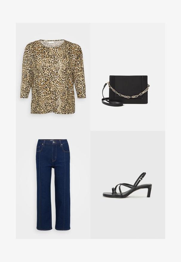 Halenka s leopardím vzorom a tromi štvrťovými rukávmi, s okrúhlym výstrihom a voľným strihom, na jednofarebnom bielom pozadí.; Tmavomodré rovné džínsy so zapínaním na gombík, prednými a zadnými vreckami a viditeľným oranžovým prešívaním pozdĺž švov.; Čierne sandále na vysokom podpätku so štvorcovou špičkou a nízkym blokovým podpätkom. Obsahujú viacero tenkých popruhov a nastaviteľný členkový popruh. Vyrobené z hladkej kože.; Čierna kožená crossbody taška s hladkou textúrou, obdĺžnikovým tvarom a kovovým reťazovým detailom na prednej strane. Súčasťou je nastaviteľný popruh.