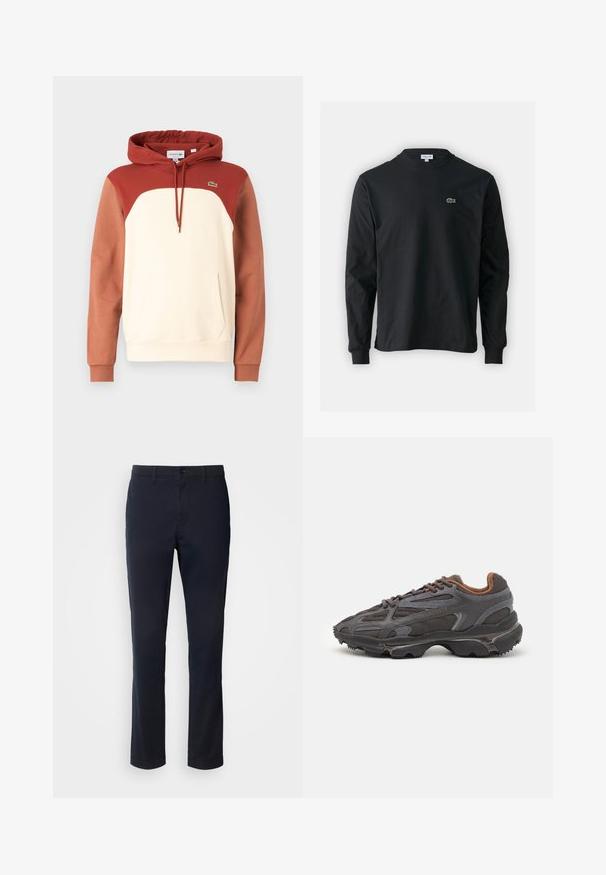 Felpa con cappuccio di colore crema, con dettagli rossi e maniche marroni. Presenta una tasca a marsupio e un piccolo logo verde sul petto.; T-shirt a maniche lunghe nera in cotone, con scollatura rotonda e un piccolo logo di coccodrillo ricamato in verde sul lato sinistro del petto.; Pantaloni blu navy realizzati in tessuto liscio, con un design a gamba dritta, passanti per cintura e chiusura con bottone e zip.; Sneaker Lacoste grigie scure in materiale mesh e sintetico, con suola testurizzata e dettagli marroni sul colletto e sul branding.