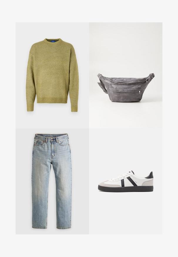 Pull en maille dans un vert olive doux, avec un col rond, des épaules tombantes, des poignets côtelés et une finition texturée.; Jean en denim bleu clair à taille haute, avec bouton avant, fermeture éclair et design à cinq poches, posé à plat sur un fond neutre.; Baskets blanches avec des accents noirs et gris, présentant un embout texturé gris, une semelle en caoutchouc noir et des lacets plats blancs. Design épuré, style minimaliste.; Sac banane en suède gris avec une forme arrondie, deux compartiments zippés et une sangle réglable. Comprend des accents en métal.