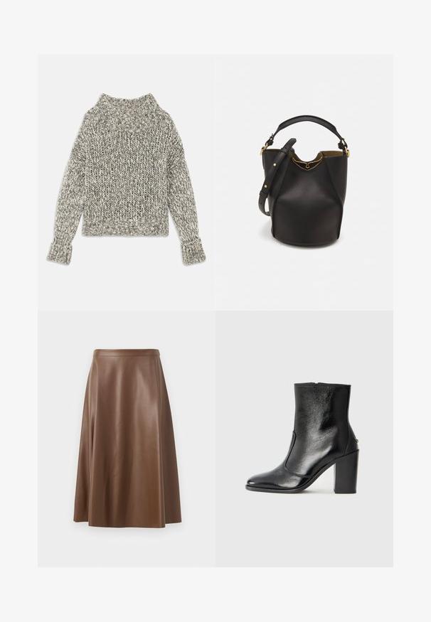 Chunky knit sweater in cream and grey hues. Features a wide ribbed collar and cuffs, with a boxy shape and textured pattern throughout.; Brown leather A-line skirt with a smooth texture and a mid-length hem. Features a fitted waistband and a slight flare from the hips.; Black leather ankle boot with a smooth texture, pointed toe, and a chunky high heel. Features a side opening and minimalistic design.; Black leather bucket bag with a textured finish, gold hardware accents, and an open top. Features a short handle and adjustable shoulder strap.