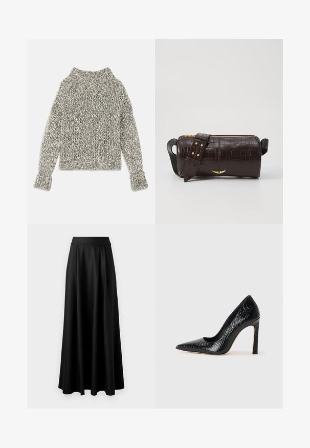 Pull en tricot épais dans des teintes crème et gris. Il présente un large col et des poignets côtelés, avec une coupe carrée et un motif texturé tout au long.; Jupe longue noire avec une texture lisse, une taille large et un design plissé, sans motifs ni embellissements visibles.; Escarpin noir à bout pointu avec texture en cuir de crocodile, présentant un design élégant, un haut talon aiguille et un intérieur noir lisse.; Sac en cuir embossé crocodile marron avec une forme cylindrique, quincaillerie dorée et une bandoulière détachable ornée de clous.