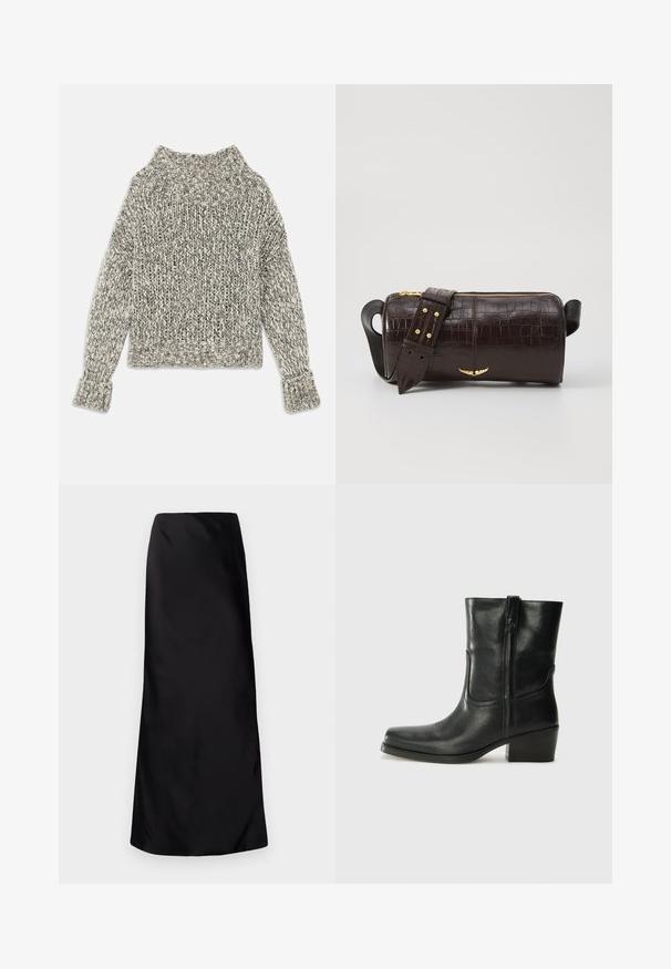 Kremi ir pilkai tonai purūs megztinis. Su plačiu raištiniu apykaklės ir rankovių kraštu, dėvėtojų siluetas ir tekstūrinis raštas visame megztinyje.; Norma Kamali BIAS OBIE SKIRT - Maksi sijonas - black; Juodi odiniai aulinukai iki kulkšnies su apvali nosimi, blokuotais kulnais, šonine užtrauktuku ir siuvimo akcentais ant viršutinės dalies. Lygi tekstūra, klasikinis dizainas.; Ruda krokodilo odspaudo odinė rankinė cilindro formos, su auksinėmis detalėmis ir nuimamu dirželiu, papuoštu studelėmis.