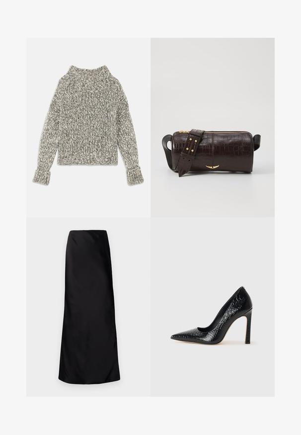 Paksu neulepusero kremovissa ja harmaissa sävyissä. Ominaisuuksiin kuuluu leveä ribbauskaulus ja hihansuut, sekä laatikkomainen muoto ja teksturoitu pinta kauttaaltaan.; Norma Kamali BIAS OBIE SKIRT - Maksihame - black; Musta kapea nilkkakorkokenkä krokotiilin nahkakuviolla, joka on varustettu tyylikkäällä muotoilulla, korkealla stiletto-korkealla ja sileällä mustalla sisäosalla.; Ruskea krokotiilinkuosilla varustettu nahkalaukku, jossa on sylinterimäinen muoto, kultasävyiset yksityiskohdat ja irrotettava hihna, jossa on niittejä.