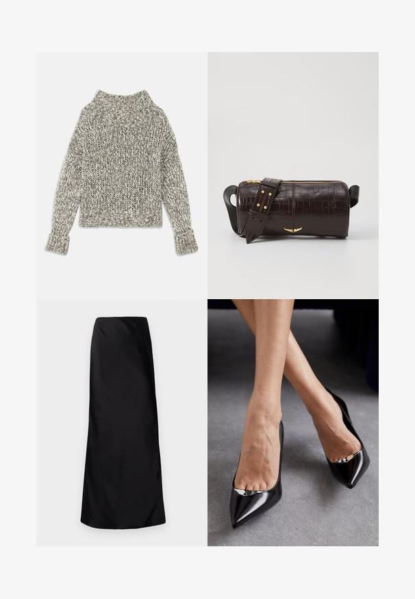 Paksu kudumipusaku kreemjas ja hallides toonides. Omab laia soonikkoesid ja mansette, ruudukujuline vorm ning tekstureeritud muster kogu ulatuses.; Norma Kamali BIAS OBIE SKIRT - Maksiseelik - black; Mustad kõrgkandilised mustad nahkjalatsid terava nina ja avatud disainiga, millel on dekoratiivne hõbedane aksessuaar. Sile tekstuur läikiva viimistlusega.; Pruunist krokodillimustrist nahast kott, millel on silindri kuju, kuldse tooni metalldetailid ja eemaldatav rihm, kus on nupud.