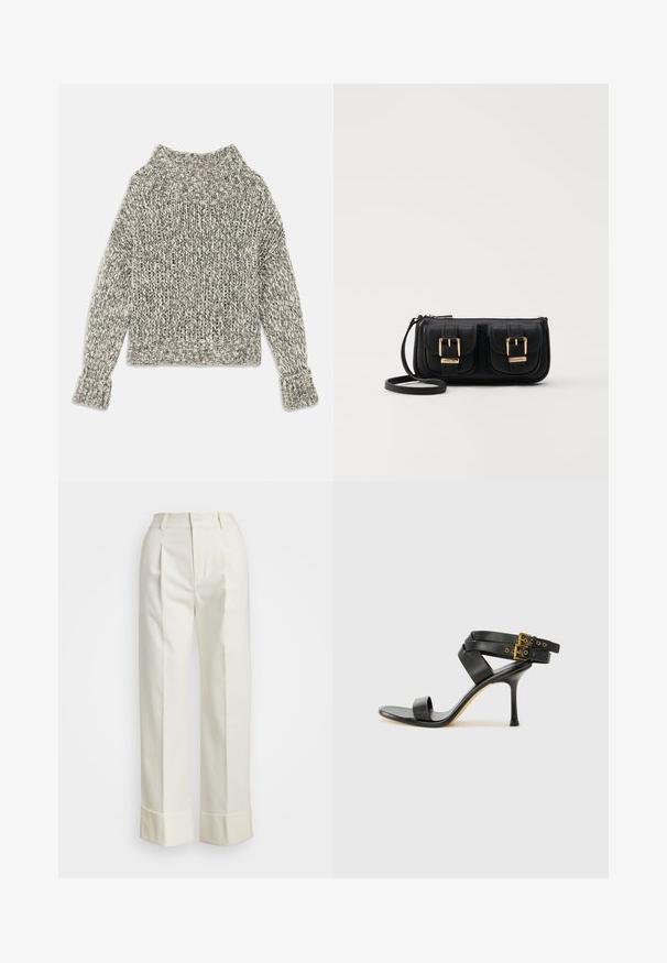 Pulover iz debelega pletenja v kremnih in sivih odtenkih. Ima širok rebrast ovratnik in manšete, s kvadratno obliko in teksturiranim vzorcem po celotni dolžini.; Bela krojena hlače z visokim pasom, dvema sprednjima pregiboma in širokimi nogami s prepognjenimi manšetami. Narejene so iz gladkega, teksturiranega blaga.; Črne sandale na peto z križnimi trakovi in prilagodljivo zaponko. Imajo gladko teksturo in zožen peto.; Črna usnjena torbica čez ramo z dvema sprednjima žepoma, zlatimi zaponkami, zadrgo in ozkim pasom. Tekstura površine je strukturirana, obliko pa ima kompaktno pravokotno.
