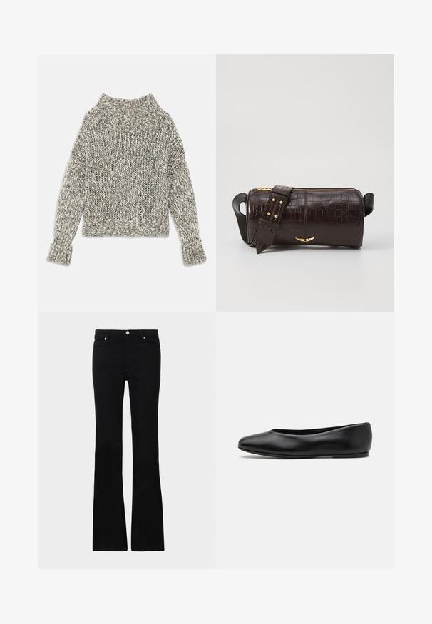 Chunky knit sweater in cream and grey hues. Features a wide ribbed collar and cuffs, with a boxy shape and textured pattern throughout.; Black flared jeans made of denim, featuring two front pockets, a button closure, and a smooth texture. Signature stitching visible at seams.; Paul Smith TOPANGA - Ballet pumps - black; Brown crocodile-embossed leather bag with a cylindrical shape, gold-tone hardware, and a detachable strap featuring studs.