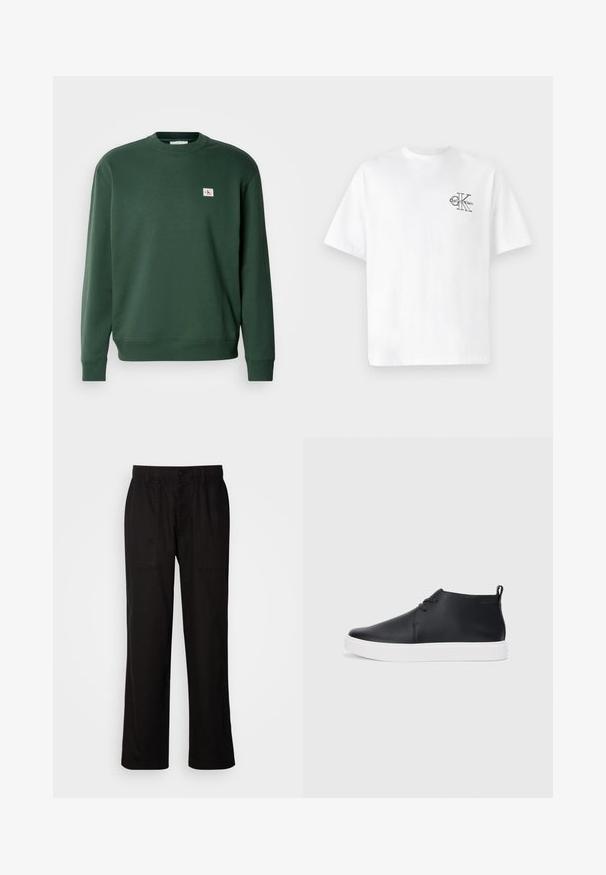 Roheline puuvillasegust sviiter, millel on ümar kaelus ja soonikkoes varrukad. Rinnas on väike logo silt. Sile tekstuur.; Valge puuvillane T-särk lühikeste varrukatega, ümmarguse kaelusega, mille vasakul rinnal on must CK logo, tavaprofiil, sile tekstuur.; Mustad lõdva istuvusega mustad püksid, mis on valmistatud kergest kangast. Omavad elastset vöökohta, nööbiga sulgemist ja kahte esist taskut.; Mustmust mustatooted, millel on sile nahk, valge kummist tald ja lihtne nööridega kinnitamine. Tagaküljel on tõmbeosadega.