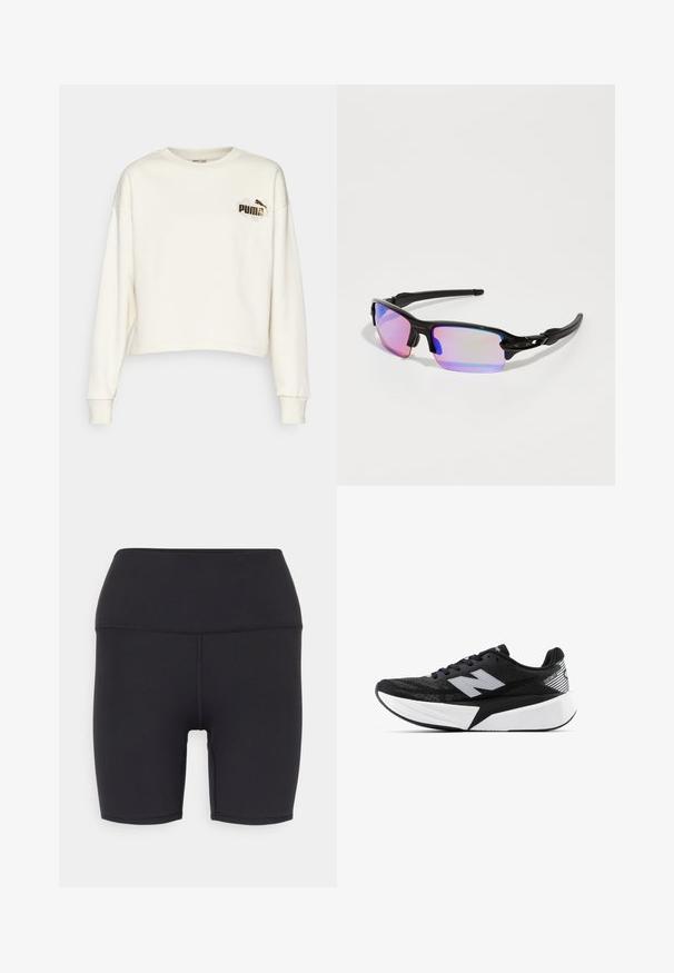 Puma CLASS ACT CREW - Felpa - alpine snow; Shorts sportivi neri realizzati in materiale elastico, con un'alta vita, texture liscia e senza motivi o componenti visibili.; Scarpa da corsa New Balance in bianco e nero con suola spessa, parte superiore in rete e logo "N" sul lato, vista dal lato esterno.; Occhiali da sole sportivi neri con finitura lucida, lenti a specchio color porpora e steli neri curvi. Presentano il logo sulla montatura.