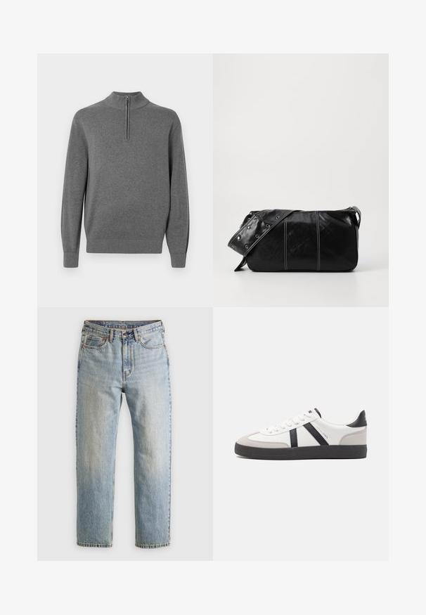 Grey pullover sweater with a high neckline and a half-length zipper. Made from soft fabric, features ribbed cuffs and hem.; Light blue denim jeans with high waist, front button, zipper, and five-pocket design, laid flat on a neutral background.; White sneaker with black and gray accents, featuring a textured gray toe cap, black rubber sole, and flat white laces. Clean design, minimalist style.; Black leather shoulder bag with a zip closure, featuring a textured body, white stitching, and a strap with silver grommets.