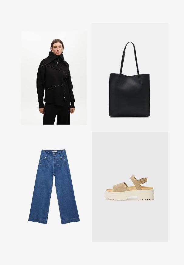 Černý pletený svetr s vysokým límcem, zlatými patentkami a asymetrickým designem s texturovaným povrchem. Kombinovaný s ladícími kalhotami.; Džínové kalhoty širokého střihu s středně modrým omakem, dvěma předními kapsami se zapínáním na knoflíky a prošíváním podél lemů.; Suede sandály v světle béžové barvě s širokým páskem a nastavitelným zapínáním kolem kotníku. Robustní bílá podešev s texturovaným vzorem pro lepší přilnavost.; Černá kožená taška přes rameno s hladkým povrchem, obdélníkovým tvarem a dvěma dlouhými uchy. Žádné viditelné kování ani ozdoby.