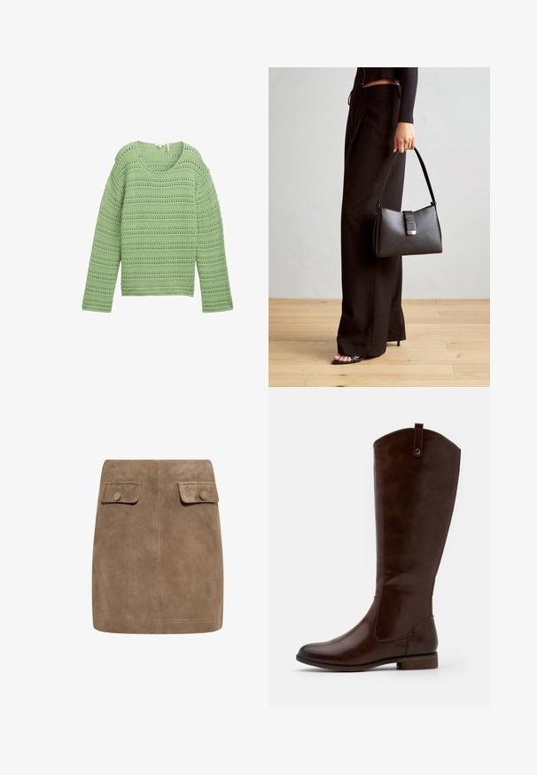 Zeleno pleteno pulover s teksturiranim, odprtim vzorcem in vodoravnimi črtami. Ima širok izrez in dolge rokave.; Rjava semi krila iz jasnega sued materiala z gladko teksturo, ki imata spredaj dva žepa z flapom in gumbom na vsaki strani. Preprost, raven dizajn.; Rjave škornje do kolen, izdelane iz gladkega usnja, z zaobljenim nosom, nizkim naloženim peto in diskretnim šivanim vzorcem ob straneh.; Črna torbica z strukturirano obliko, gladko teksturo in kovinskim zaponko. Ujemajo se z širokimi črnimi hlačami in odprtimi sandali na lesenem tleh.