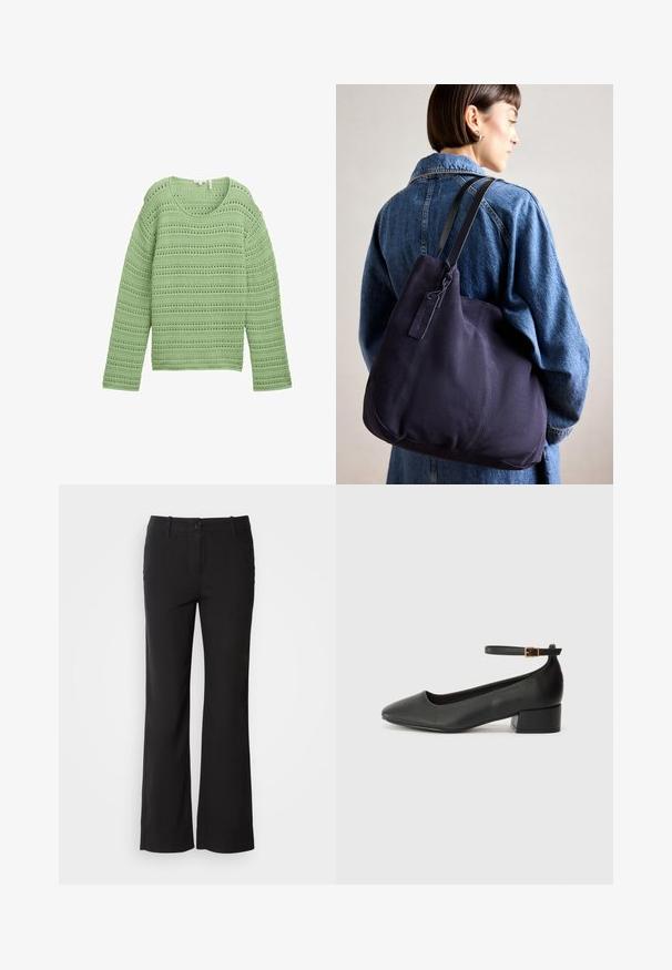 Zöld kötött pulóver, amely texturált, nyitott mintával és vízszintes csíkokkal rendelkezik. Széles nyakvonala és hosszú ujjai vannak.; Fekete pamut keverék nadrág egyenes szárú dizájnnal, elülső gombos záródással és két oldalsó zsebbel. Simára kialakított textúra, nincs látható minta.; Fekete bőr magassarkú cipő hegyes orral és alacsony tömb sarkal. Bokapánttal rendelkezik, aranyszínű csattal. Simább textúra.; Tengerészkék vászon válltáska, puha, struktúrált formával, fekete pánttal, varrott részletekkel és egy kis márkajelzéssel.