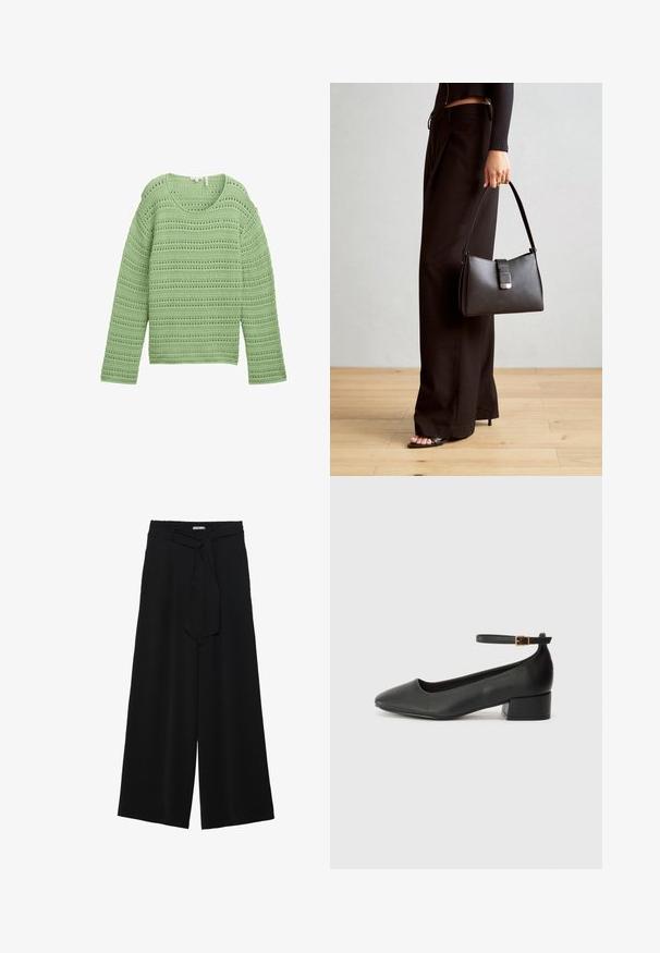 Grüner Strickpullover mit strukturiertem, offenem Muster und horizontalen Streifen. Er hat einen weiten Ausschnitt und lange Ärmel.; Schwarze weite Hosen aus strukturiertem Stoff, mit elastischem Bund und einem abnehmbaren Bindegürtel in der Taille für eine verstellbare Passform.; Schwarze Lederpumps mit spitzem Zehenbereich und niedrigem Blockabsatz. Mit einem Knöchelriemen und einer goldfarbenen Schnalle. Glatte Textur.; Schwarze Handtasche mit strukturierter Form, glatter Textur und einem metallischen Verschluss. Kombiniert mit weiten schwarzen Hosen und offenen Sandalen auf einem Holzboden.