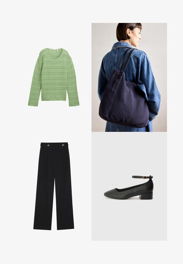 Roheline kootud sviiter, millel on tekstureeritud, avatud muster horisontaalsete triipudega. Sellel on lai kaelus ja pikad varrukad.; Mustad laiad püksid kõrge vöökoha ja nööpdetailidega vööandil, esikortsudega.; Must mustaapp, millel on terav nina ja madal blokk-kand. Omab pahkluu rihma koos kuldse tooni pandlaga. Sile tekstuur.; Tumesinise kangast õlalauk, millel on pehme, struktureeritud kuju, must rihm, tikandiga detailid ja väike brändi silt.