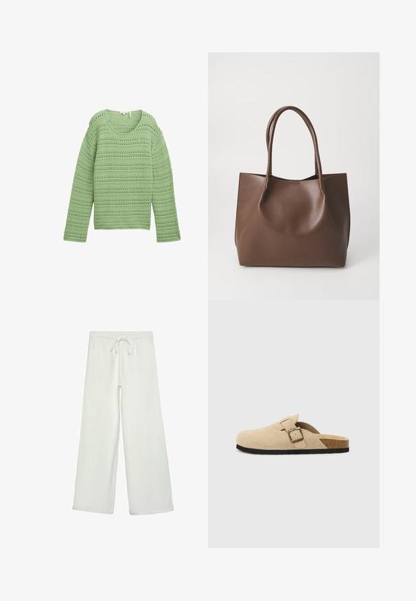 Groene gebreide trui met een gestructureerd, open patroon en horizontale strepen. Het heeft een brede halslijn en lange mouwen.; Witte wijde broek van zacht materiaal. Heeft een elastische tailleband met een trekkoord en een gladde textuur. Geen zichtbare patronen of hardware.; Beige suède instapklompen met een kurken voetbed, een ronde teen en een eenvoudige band met een goudkleurige gesp. Rubberen zool voor grip.; Bruine leren tote bag met twee lange handvatten, gestructureerde vorm, gladde textuur en minimalistisch design. Geen zichtbare hardware of accenten.
