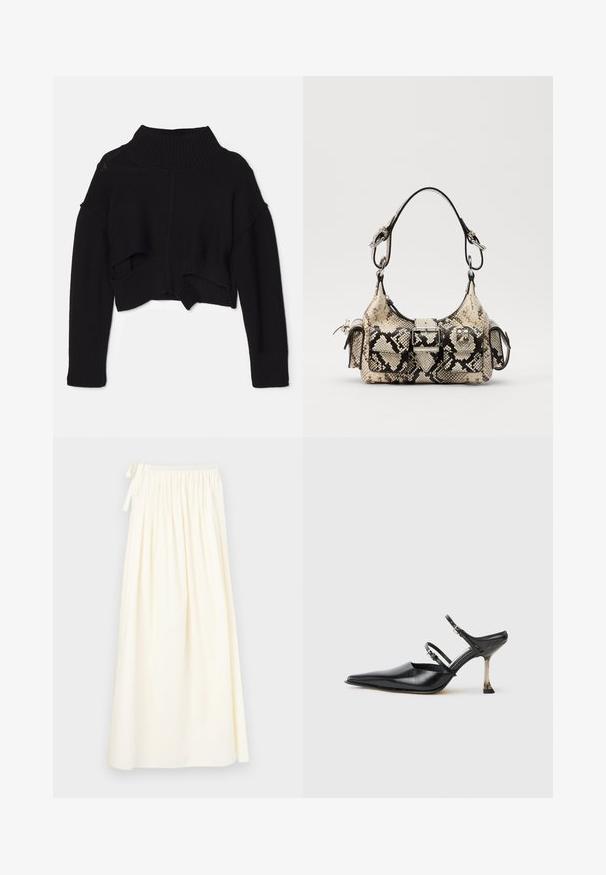 Černý zkrácený svetr s vysokým žebrovaným výstřihem, spadlými rameny a lemem s výřezovými detaily. Vyrobeno z měkké pletené látky.; Dlouhá sukně krémové barvy vyrobená z lehkého materiálu; má elastický pas se šňůrkou a splývavý design s minimální texturou.; Černé kožené slingback boty s špičatou špičkou, se dvěma nastavitelnými pásky a kovovým podpatkem. Hladký povrch a minimalistický design.; Pythonový tiskový kabelka v béžové a černé barvě, s výrazným tvarem, detaily s přezkou a dvojitými ramenními popruhy. Texturovaný povrch.