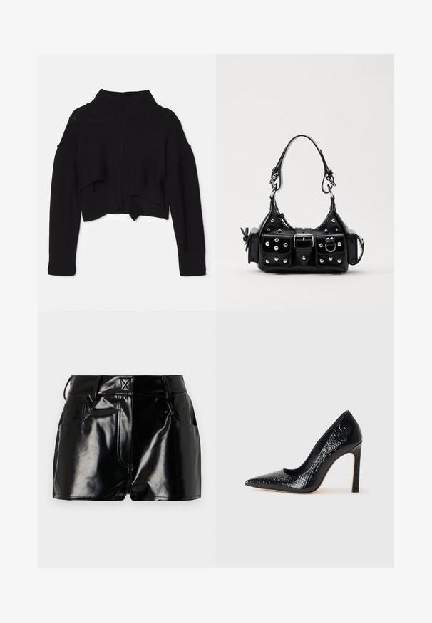 Juoda trumpa megzta palaidinė su aukštu raukšlētu kaklu, nuleistais pečiais ir apatine dalimi, kuri turi išpjovimų. Pagaminta iš minkštos megztos medžiagos.; Juodos, blizgios šortai, pagaminti iš sintetinės medžiagos. Turi prigludusią liemenį, diržo kilpas ir priekines kišenes su ryškiomis siuvimo detalėmis.; Juoda smailiakulnė aukšto kulno bateliai su krokodilo odos tekstūra, pasižymintys elegantišku dizainu, aukštu stiletu kulnu ir lygia juoda vidine dalimi.; Juodas odinis rankinukas su kreiviu dizainu, su sidabro spalvos knopkėmis, užsegimu ir dviem šoninėmis kišenėmis. Reguliuojama dirželis nešimui.