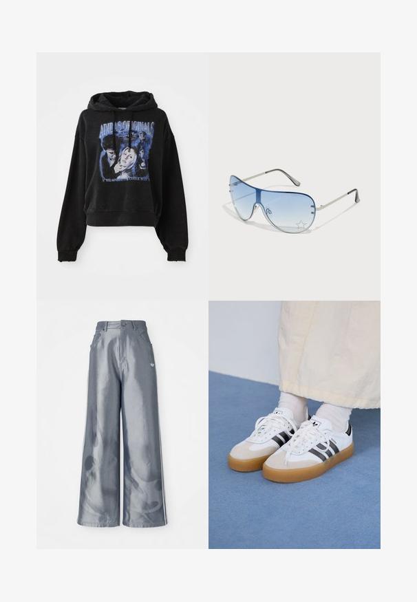 Hoodie cropped preto feito de algodão com capuz ajustável. Apresenta uma impressão gráfica em azul, representando personagens e texto.; Calças de pernas largas em material cinza brilhante, com riscas brancas nas laterais e um padrão de chamas na parte inferior das pernas. Fecho com botão e fecho éclair na cintura.; Ténis brancos com riscas pretas e detalhes em camurça bege. Apresentam uma sola de borracha texturizada e atacadores brancos lisos, usados com meias de tom claro.; Óculos de sol aviador com lentes azuis em degradê, armação metálica prateada e detalhes decorativos de estrelas nas lentes. Design suave e elegante.