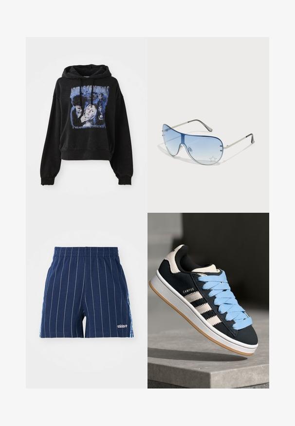Melna kropta kapuce, izgatavota no kokvilnas, ar aukliņu kapuci. Iezīmēta ar grafisko druku zilā krāsā, attēlojot varoņus un tekstu.; Jūras zila šorti ar baltām svītrām, elastīgu jostu un Adidas logo. Sānos ir zilas akcenti, izgatavoti no kokvilnas maisījuma materiāla.; Melns zamšādas sporta apavi ar gaismas zilām auklām, trīs baltas svītras sānos un gumijas zole. "CAMPUS" logo tuvumā papēžam.; Pilotstila saulesbrilles ar gradienta zilām lēcām, sudraba metāla rāmjiem un dekoratīvām zvaigžņu akcentiem uz lēcām. Gluda un eleganta dizaina.