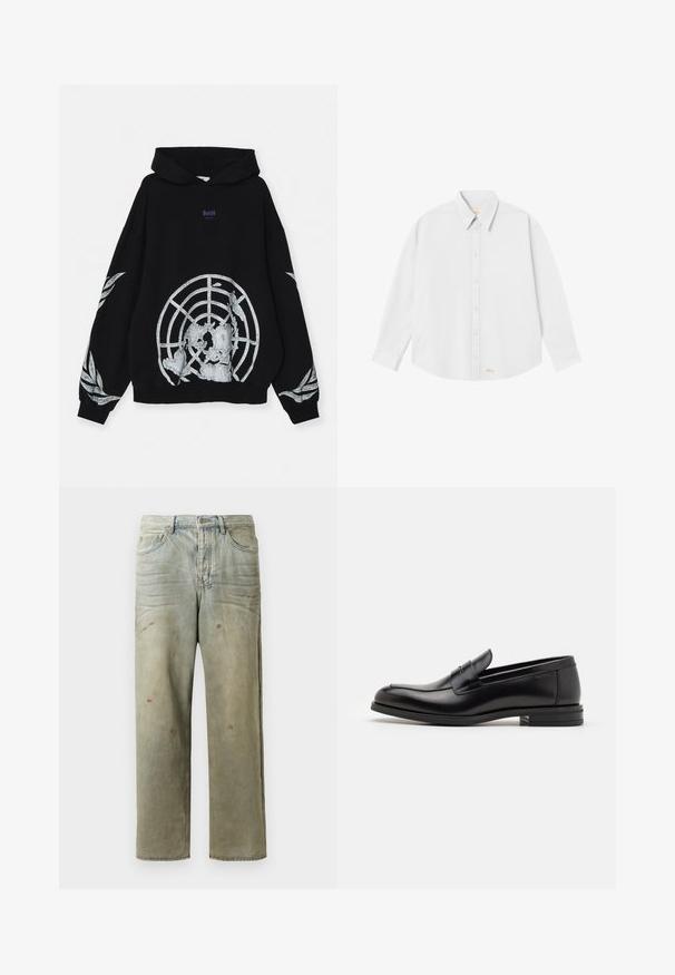 GmbH UN LOOPBACK - Hættetrøje - black; Hvid skjorte med knapper og klassisk krave, lange ærmer og rundet kant; har lille orange logo nederst til venstre.; Slidte denimjeans i lysegrøn med lige ben, femlommerdesign og ujævn falming med malersplatter.; Sorte læderloafers med en glat overflade, rund tå og en dekorativ strop over vampen. Lav hæl med stabeldesign, minimalistisk stil.