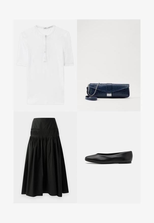 Camiseta blanca de manga corta en tejido acanalado con cuello redondo y tapeta de cinco botones. Textura suave y ajuste relajado.; Falda negra de longitud a la rodilla, hecha de tela suave, con una cinturilla ajustada y un diseño fruncido para mayor volumen.; Paul Smith TOPANGA - Bailarinas - black; Clutch de piel azul marino con textura de cocodrilo, correa de cadena plateada y cierre metálico. Forma rectangular con diseño plegable.