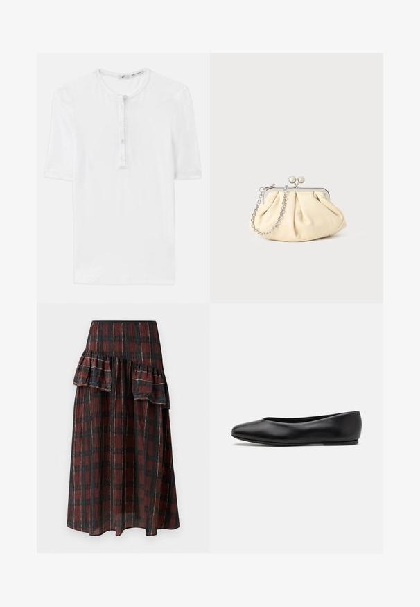 T-shirt blanc à manches courtes en tissu côtelé avec un col rond et une patte de boutonnage à cinq boutons. Texture douce et coupe décontractée.; Jupe maxi à motif écossais rouge foncé et noir, présentant des volants superposés à la taille, fabriquée en tissu léger avec une texture douce.; Paul Smith TOPANGA - Ballerines - black; Pochette en cuir beige plissé avec un cadre en métal argenté, dotée de deux fermoirs ronds décoratifs et d'une chaîne en argent.