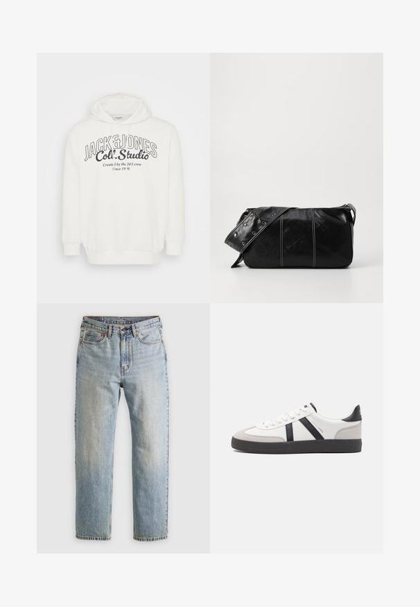 Bílá mikina s kapucí vyrobená z měkké látky, s předním grafickým designem v černém písmu. Má stahovací kapuci a žebrované manžety.; Svetle modré džíny z denimu s vysokým pasem, předním knoflíkem, zipem a designem s pěti kapsami, ležící rovně na neutrálním pozadí.; Bílé tenisky s černými a šedými akcenty, opatřené texturovaným šedým prstovým krytem, černou gumovou podrážkou a plochými bílými tkaničkami. Čistý design, minimalistický styl.; Černá kožená kabelka přes rameno se zapínáním na zip, s texturovaným tělem, bílým prošíváním a popruhem se stříbrnými očky.