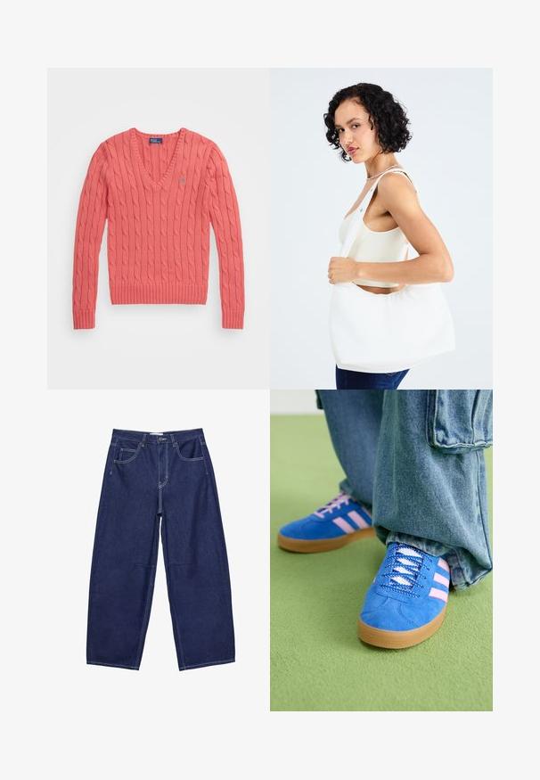 Polo Ralph Lauren CABLE KNIT COTTON V NECK SWEATER - Stickad tröja - ruby coral; Mörkblå denimbyxor med vida ben och hög midja, fem fickor och kontrasterande vita sömmar. Slät textur, klassisk design.; Blå mockaskor med rosa ränder och vita snören, med en sula av gummigummi, kombinerat med lösa denimbyxor på en grön yta.; Vit axelväska i slätt material, med ett ovalt utskärning och bred bärremdesign. Enkel och modern utan synlig hårdvara.