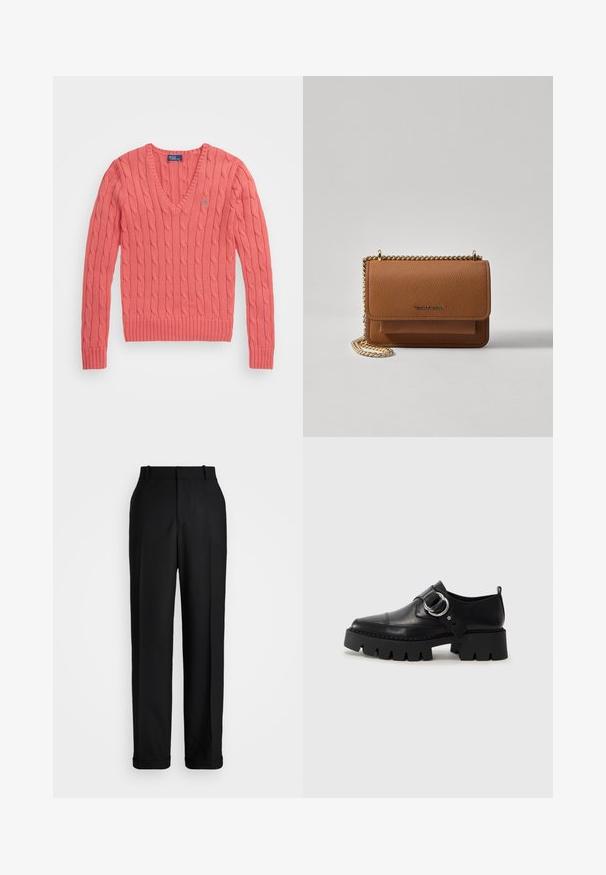 Polo Ralph Lauren CABLE KNIT COTTON V NECK SWEATER - Džemper - ruby coral; Polo Ralph Lauren HIGH RISE RELAXED STRAIGHT TROUSER - Püksid - black; Mustad musta naha jalanõud, millel on jäme ribaga tallad, ringikujuline hõbedane detail ja minimaalne õmblusdetail.; Pruun tekstureeritud nahk ristkeha kott kuldse ahelaga rihmaga ja klapiga sulgemine. Esiküljel on logo detail ja tasku klapi all.