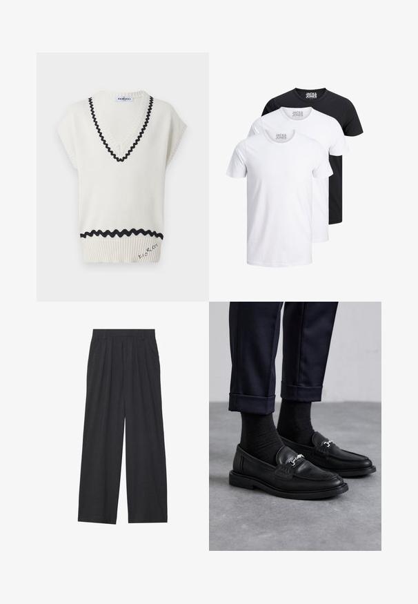 Cream-colored knitted sleeveless top with a V-neck, featuring black scalloped trim and ribbed accents at the hem with embroidered logo.; Three T-shirts in white and black, made of cotton. Each has a round neck and short sleeves, with a logo displayed on the neckline.; Wide-leg trousers made of dark gray fabric. Features pleats at the waist, a tailored design, and a straight silhouette.; Black leather loafers featuring a textured finish, silver hardware detail, paired with dark socks and cuffed navy trousers.