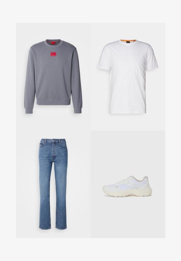 Szürke pulóver puha anyagból, kerek nyakkal, a mellkason egy piros téglalap alakú folttal, amelyen a "HUGO" logó látható. Bordás mandzsettákkal és szegéllyel.; Fehér pamut póló kerek nyakkivágással, rövid ujjakkal, és finoman domborított logóval a mellkason. A belső címke narancssárga akcentussal rendelkezik.; Kék farmernadrág magas derékkal, egyenes szabású dizájnnal és enyhe kopással. Jellemzője az klasszikus öt zsebes kialakítás és cipzáras zárás.; Fehér sportcipők, amelyek hálós és velúr anyagból készültek, texturált középtalppal, texturált részletekkel és a "HUGO" logóval az oldalon.