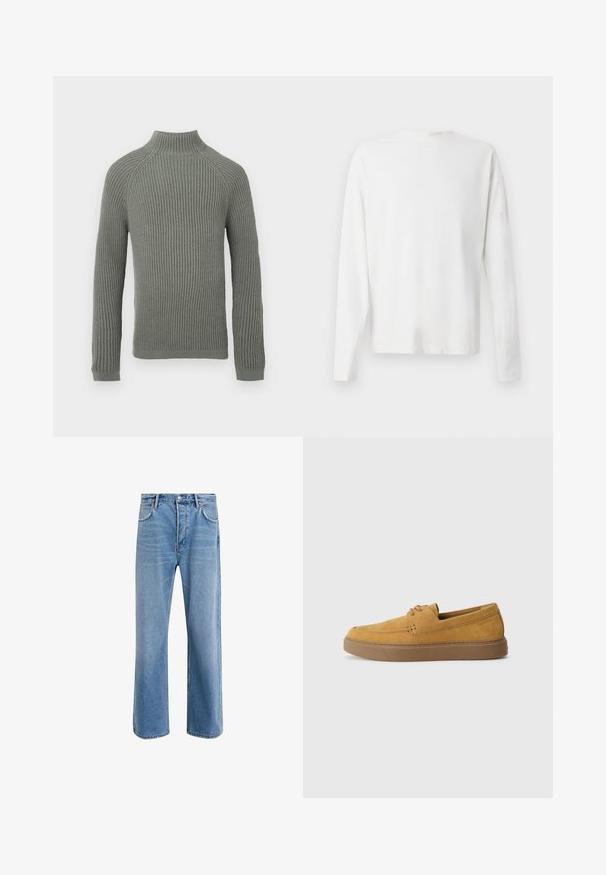 Ribbed knit sweater in light green with a high collar, long sleeves, and a fitted design. The texture is soft and slightly stretchy.; Long-sleeved white cotton shirt with a round neckline, side slits at the bottom, and a smooth texture, displayed from the back.; Light blue denim jeans with a straight-leg design, five pockets, button closure, minimal fading, and contrasting stitching details.; Brown suede slip-on shoes with a textured finish, round toe, and contrasting rubber sole. Features subtle branding near the heel.
