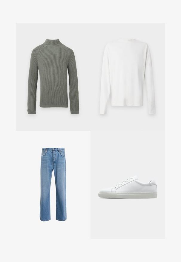 Pulover tricotat cu caneluri în verde deschis, cu guler înalt, mâneci lungi și un design ajustat. Textura este moale și ușor elastică.; Cămașă albă din bumbac cu mâneci lungi, decolteu rotund, fante pe laterale la baza, cu o textură netedă, expusă din spate.; Jeans din denim bleu deschis cu un design drept, cinci buzunare, închidere cu buton, decolorare minimă și detalii de cusătură în contrast.; Adidași albi cu o suprafață din piele netedă și un profil jos. Au un vârf rotunjit, șase orificii pentru șireturi și o talpă din cauciuc texturată.