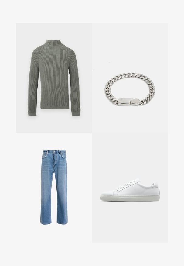 Ribbed knit sweater in light green with a high collar, long sleeves, and a fitted design. The texture is soft and slightly stretchy.; Light blue denim jeans with a straight-leg design, five pockets, button closure, minimal fading, and contrasting stitching details.; White sneaker with a smooth leather upper and a low profile. Features a rounded toe, six eyelets, and a textured rubber sole.; Calvin Klein ELECTRIC - Bracelet - silver-coloured