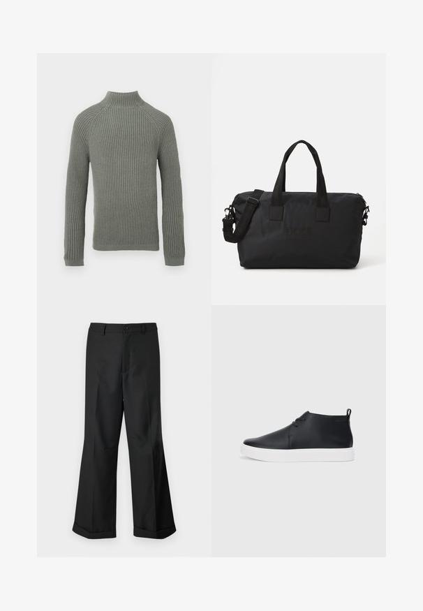 Rippstrickpullover in Hellgrün mit hohem Kragen, langen Ärmeln und tailliertem Schnitt. Die Textur ist weich und leicht dehnbar.; Schwarze weit geschnittene Hosen mit geknöpftem Bund und umgeschlagenen Säumen, vor einem schlichten weißen Hintergrund präsentiert.; Schwarze Leder-Hohe Sneaker mit glatter Oberfläche, weißer Gummisohle und einfachem Schnürdesign. Verfügt über eine Zuglasche an der Rückseite.; Schwarze Nylon-Reisetasche mit zwei Obergriffen und einem abnehmbaren Schultergurt. Verfügt über ein geprägtes Logo und eine glatte Oberfläche mit Reißverschluss.