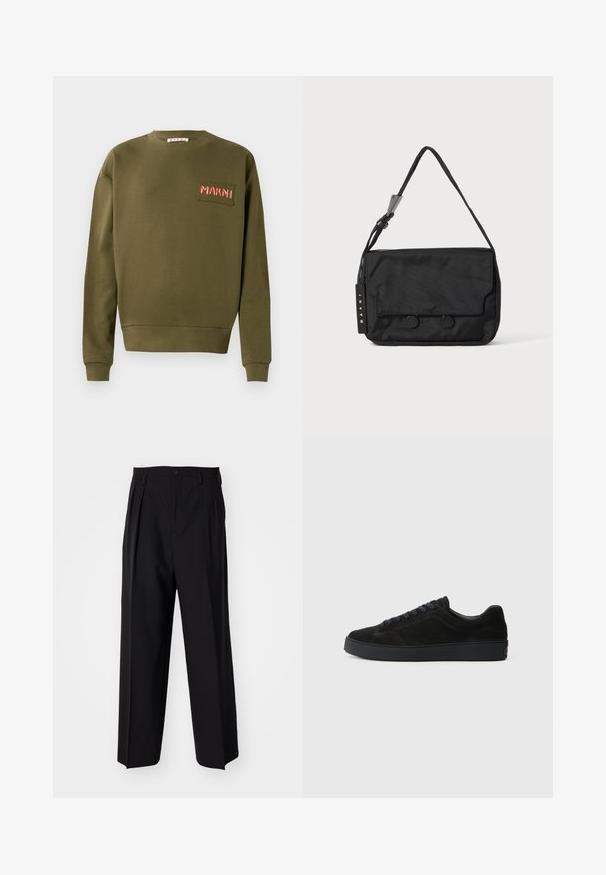 Olivenfarbener Sweatshirt aus Baumwolle mit Rundhalsausschnitt, gerippten Bündchen und einem gestickten Patch mit "MARNI" in Rot.; Schwarze, plissierte Hose mit geradem, weitem Bein. Hergestellt aus glattem Stoff, mit Knopfverschluss und Gürtelschlaufen.; Schwarze Wildleder-Sneaker mit flacher, strukturierter Sohle, rundem Zehenbereich, sechs Ösen für Schnürsenkel und minimalistischen Design.; Schwarze Nylon-Schultertasche mit flacher Form, ausgestattet mit einem Klappenverschluss, zwei runden Knöpfen und einem gewebten Tragegurt. Markenschild sichtbar.