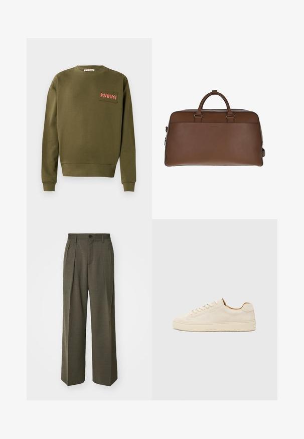Olive green sweatshirt made of cotton, featuring a crew neck, ribbed cuffs, and an embroidered patch with "MARNI" in red.; Filippa K WIDE TROUSERS - Trousers - driftwood; Beige suede sneaker with a low-top design, round toe, flat laces, and a textured rubber sole. Minimalist style with no visible logos.; Brown leather duffle bag with a smooth texture, dual top handles, zipper closure, and subtle logo detail on the front.