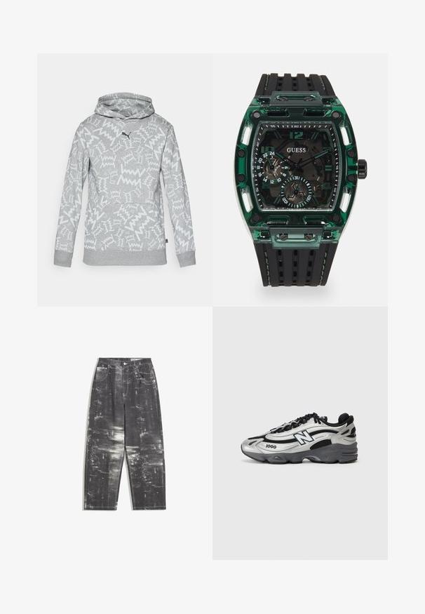 Jasnoszara bluza z kapturem z białymi, abstrakcyjnymi wzorami w zygzak oraz czarnym logo Puma na piersi, z przednią kieszenią i ściągaczami przy mankietach.; Czarne dżinsy o teksturowanym, abstrakcyjnym wzorze w odcieniach szarości, z klasycznym pięciokomorowym krojem i prostymi nogawkami.; Srebrne i czarne buty sportowe z siateczkową cholewką, amortyzowaną podeszwą, wiązanym zapięciem i bocznym logo.; Zegarek Guess z prostokątną, zieloną plastikową kopertą, czarnym, teksturowanym paskiem z gumy oraz wieloma tarczami z wyraźnymi cyframi i akcentami.