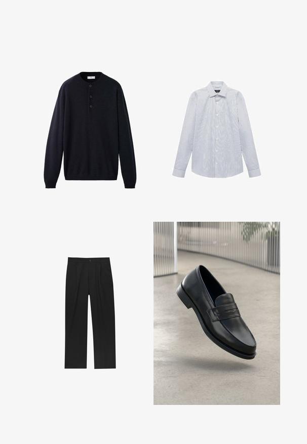 Granatowy sweter z długim rękawem z okrągłym dekoltem, wyposażony w listwę z guzikami oraz ściągacze na mankietach i u dołu, wykonany z miękkiej, teksturowanej tkaniny.; Biała koszula z długim rękawem w cienkie, pionowe czarne paski, z guzikiem z przodu i klasycznym kołnierzykiem.; Czarne spodnie o prostym kroju, wykonane z gładkiego materiału. Posiadają zakładki z przodu i pojedyncze zapięcie na guziki w pasie.; Czarna skórzana wsuwana półbut, o gładkiej fakturze, spiczastym nosku i ozdobnym paskiem na podbiciu. Lekka podeszwa, minimalistyczny design.
