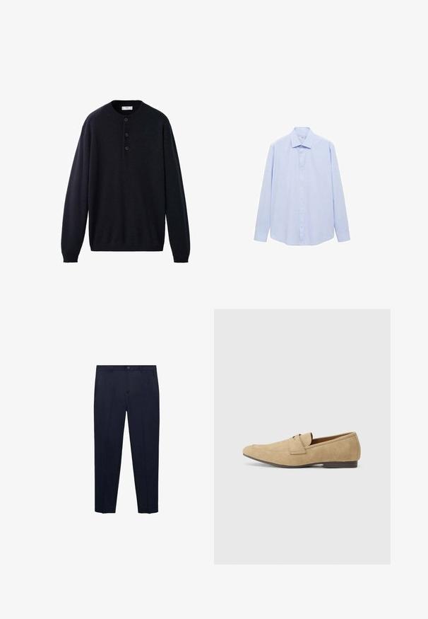 Marineblauer, langärmliger Pullover mit Rundhalsausschnitt, ausgestattet mit einer Knopfleiste sowie gerippten Bündchen und Saum, aus weichem, strukturiertem Stoff.; Hellblaues Langarmhemd aus gewebtem Stoff, mit klassischem Kragen und durchgehendem Knopfverschluss, in gerader Schnittführung und ohne Muster.; Marineblaue Hose aus glattem Stoff, mit geradem Schnitt, normaler Taille mit einem Knopf und dezenten Seitentaschen.; Beige Wildleder-slipper mit leichtem Glanz, runder Zehenform, praktischer Schlupf-Design und niedrigem braunen Absatz. Dezente Steppnähte.