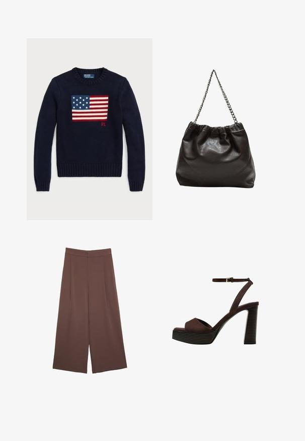 Granatowy sweter dzianinowy z tkaną grafiką amerykańskiej flagi na klatce piersiowej, z ściągaczami przy mankietach i u dołu. Metka marki na dekolcie.; Brązowe spodnie o szerokich nogawkach z gładką fakturą, z wysokim stanem i plisami z przodu. Materiał jest lekki i luźno opada.; Brązowe zamszowe sandały na wysokim obcasie z odkrytymi palcami, regulowanym paskiem na kostce i paskowatą podeszwą.; Brązowa skórzana torba z marszczonym szczytem i łańcuszkowym paskiem. Gładka tekstura z błyszczącym wykończeniem i subtelnymi detalami szwów po bokach.