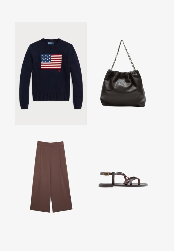 Námornícky pletený svetr s tkaným designem americké vlajky na hrudi, s žebrovanými manžetami a lemem. Značková etiketa na výstřihu.; Hnědé široké kalhoty s hladkou texturou, vysokým pasem a předními záhyby. Materiál je lehký a volně splývá.; Hnědé kožené sandály s kříženými pásky, uzavřením na přezku u kotníku a plochou podrážkou s minimem švů.; Hnědá kožená taška se sbíraným vrškem a řetízkovým popruhem. Hladký povrch s lesklým finišem a jemným švem na bocích.
