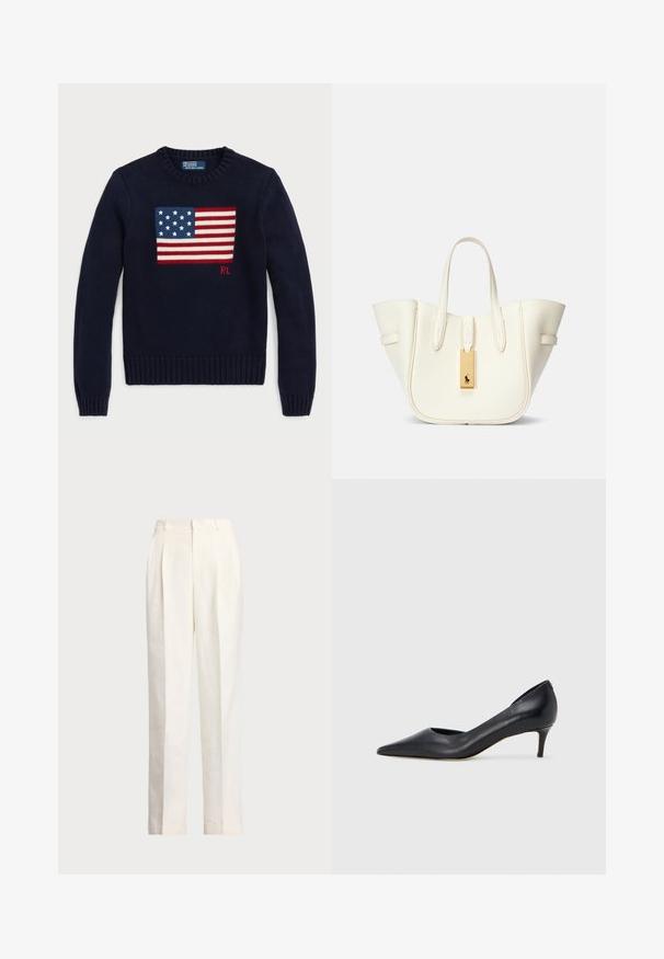 Námornícky pletený svetr s tkaným designem americké vlajky na hrudi, s žebrovanými manžetami a lemem. Značková etiketa na výstřihu.; Polo Ralph Lauren HEMP WIDE LEG PANT - Kalhoty - nevis; Černá kožená lodička s špičatou špičkou a nízkým podpatkem. Má hladkou texturu a jemný lesk. Přední část je otevřená pro zvýraznění detailu.; Bílá kožená taška přes rameno se strukturovaným tvarem, výrazným prošitím, zlatým kovovým štítkem a dvojitými uchy. Texturovaný povrch s bočními kapsami.