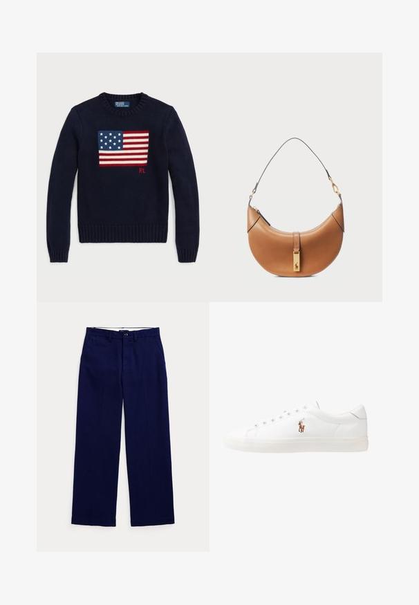 Granatowy sweter dzianinowy z tkaną grafiką amerykańskiej flagi na klatce piersiowej, z ściągaczami przy mankietach i u dołu. Metka marki na dekolcie.; Granatowe spodnie z prostymi nogawkami, z paskiem, z zapięciem na guzik i kieszeniami bocznymi na jasnym tle.; Białe skórzane sneakersy, niskoprofilowy design, charakteryzujące się gładką fakturą, okrągłym noskiem, sznurowanym przodem i małym haftowanym logo z boku.; Torebka skórzana w kolorze tan o zaokrąglonym kształcie, ze złotymi elementami i cienkim paskiem na ramię. Posiada zamek błyskawiczny i detal z logo z przodu.