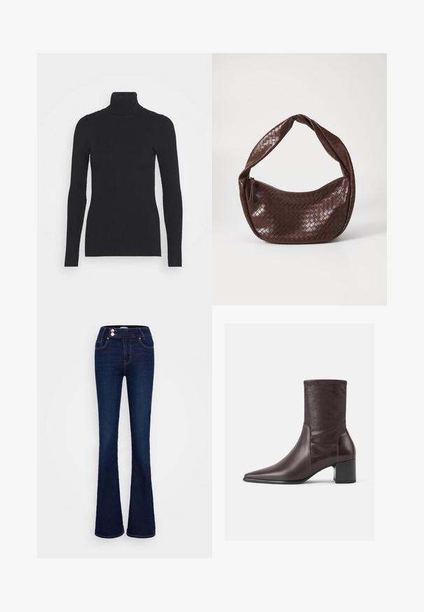 Black ribbed turtleneck sweater, featuring long sleeves and a close-fitting silhouette. The texture is smooth with a horizontal rib pattern.; Dark blue flared jeans featuring a high-rise waist, two front pockets, and two button closures. Made from denim with a smooth texture.; Burgundy ankle boots made of smooth leather with a pointed toe and a block heel. The shaft is sleek and fitted, extending to mid-calf.; Brown woven leather handbag with a curved, knotted handle and a zippered closure. Smooth texture and rounded shape.