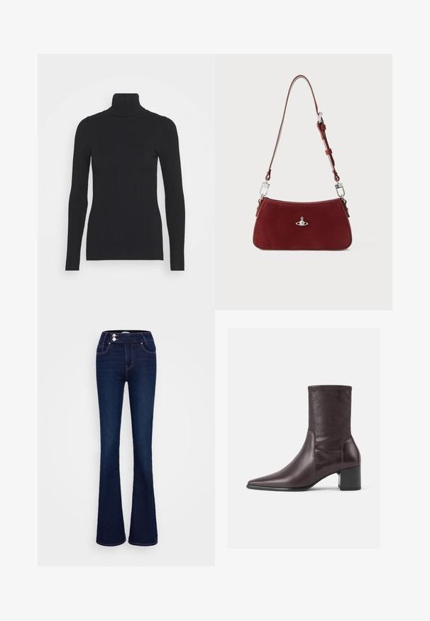 Zwarte geribde coltrui met lange mouwen en een aansluitende pasvorm. De textuur is glad met een horizontaal ribpatroon.; Donkerblauwe uitlopende jeans met een hoge taille, twee voorzakken en twee knoopsluitingen. Gemaakt van denim met een zachte textuur.; Bordeaux enkellaarsjes van glad leer met een spitse neus en een blokhak. De schacht is slank en aansluitend, reikt tot halverwege de kuit.; Rode suède schoudertas met een gebogen vorm. Voorzien van een zilverkleurig accent en een verstelbare band met hardware-details. Gladde textuur.