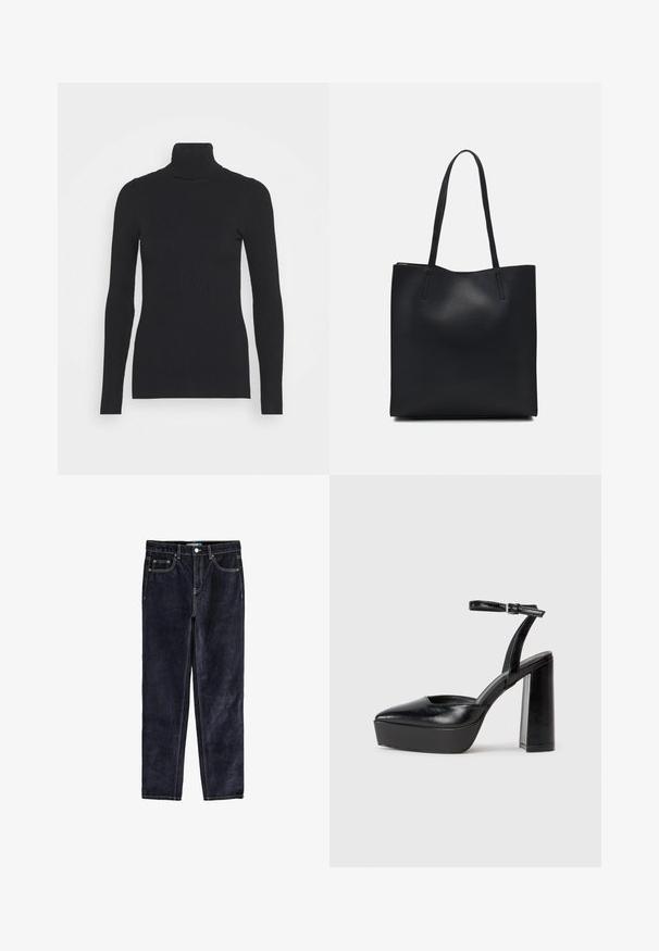 Črna rebrasta pulover s turtleneck ovratnikom, ki ima dolge rokave in tesno prilegajoč silhueto. Tekstura je gladka z vodoravnim rebrastim vzorcem.; Temne jeans hlače ravnega kroja, sprednji žepi, majhen žep za kovance ter kontrastni šivi. Elastičen pas za udobje.; Črne platforme z visokimi petami in koničastim nosom ter nastavljivim gležnjenjskim trakom. Narejene iz gladke usnje, s kockasto peto.; Črna usnjena torba s svilnato teksturo, pravokotne oblike in dvema dolgima ročajema. Brez vidnih metalnih delov ali okrasnih elementov.