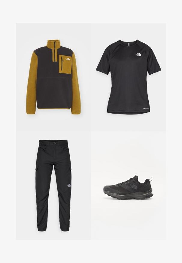 The North Face M YUMIORI 1/4 ZIP - Fleecegenser - black/moss green; Svart kortermet treningstrøye med strukturert stoff, med en hvit logo på venstre bryst og rett kant.; The North Face HORIZON PANT - Friluftsbukser - black; Svart treningssko med mesh-overdel, gummiyttersåle og polstret krage. Har snører, logo på siden og et teksturert design.